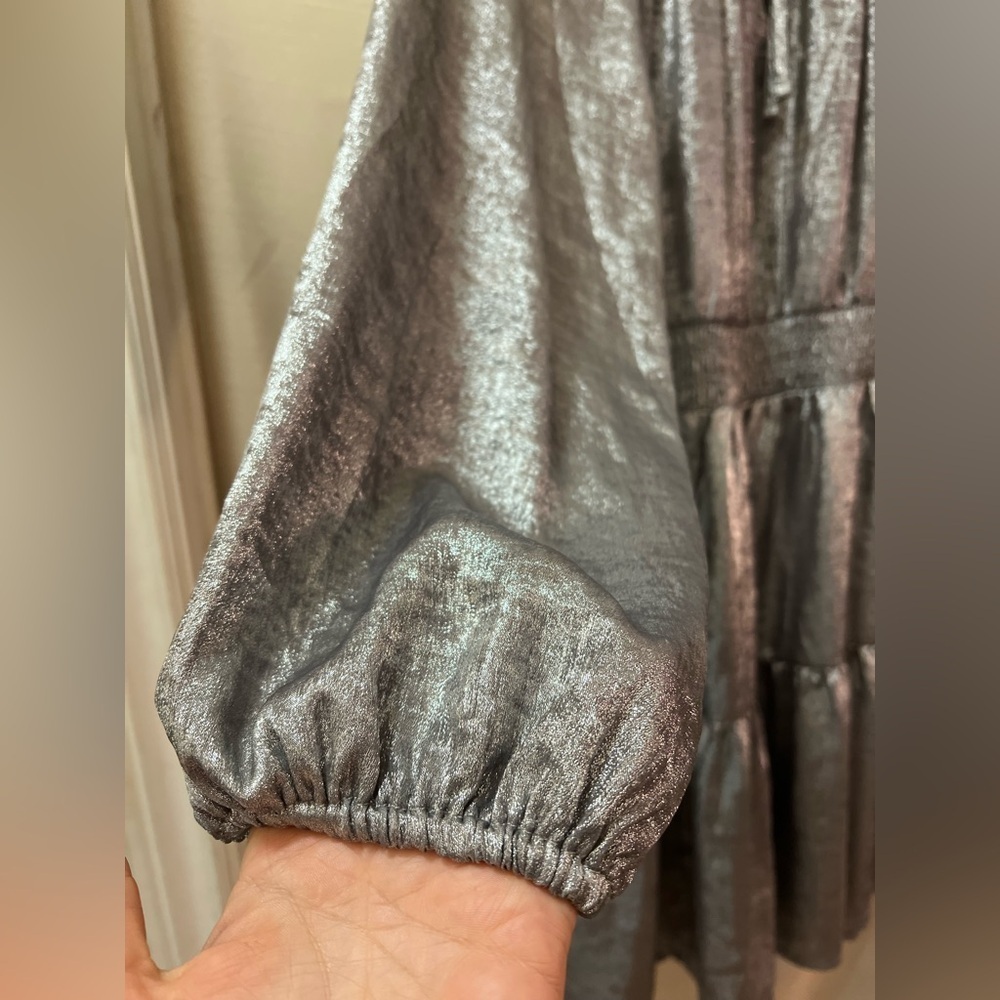 GAP Shiny Silver Long Sleeve Tie-Neck Dress size large Party Holiday Merallic - Picture 7 of 9